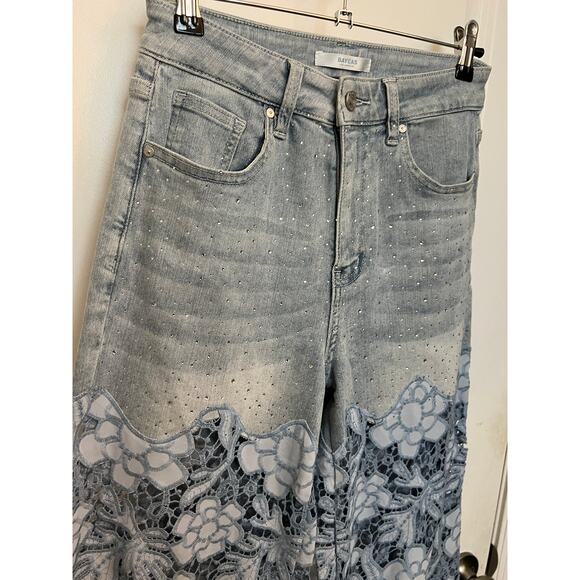 Bayeas High Waist Crystal Embellished Lace Wide Leg Jeans 26 Lesley Blue Boho - Picture 7 of 11